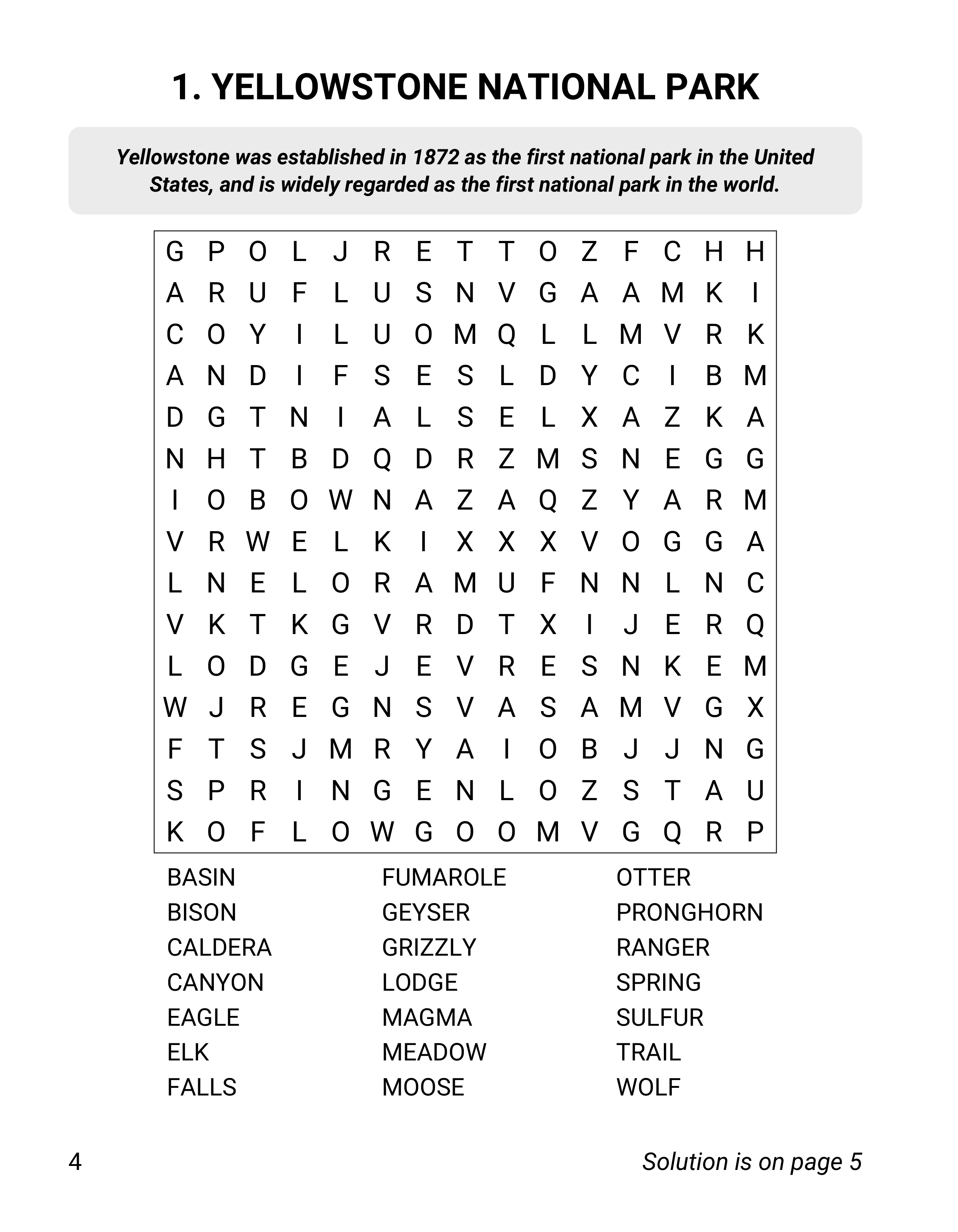 A finished, print-ready large-print word search interior page for the Yellowstone National Park theme, with the grid, full word list, and a trivia box