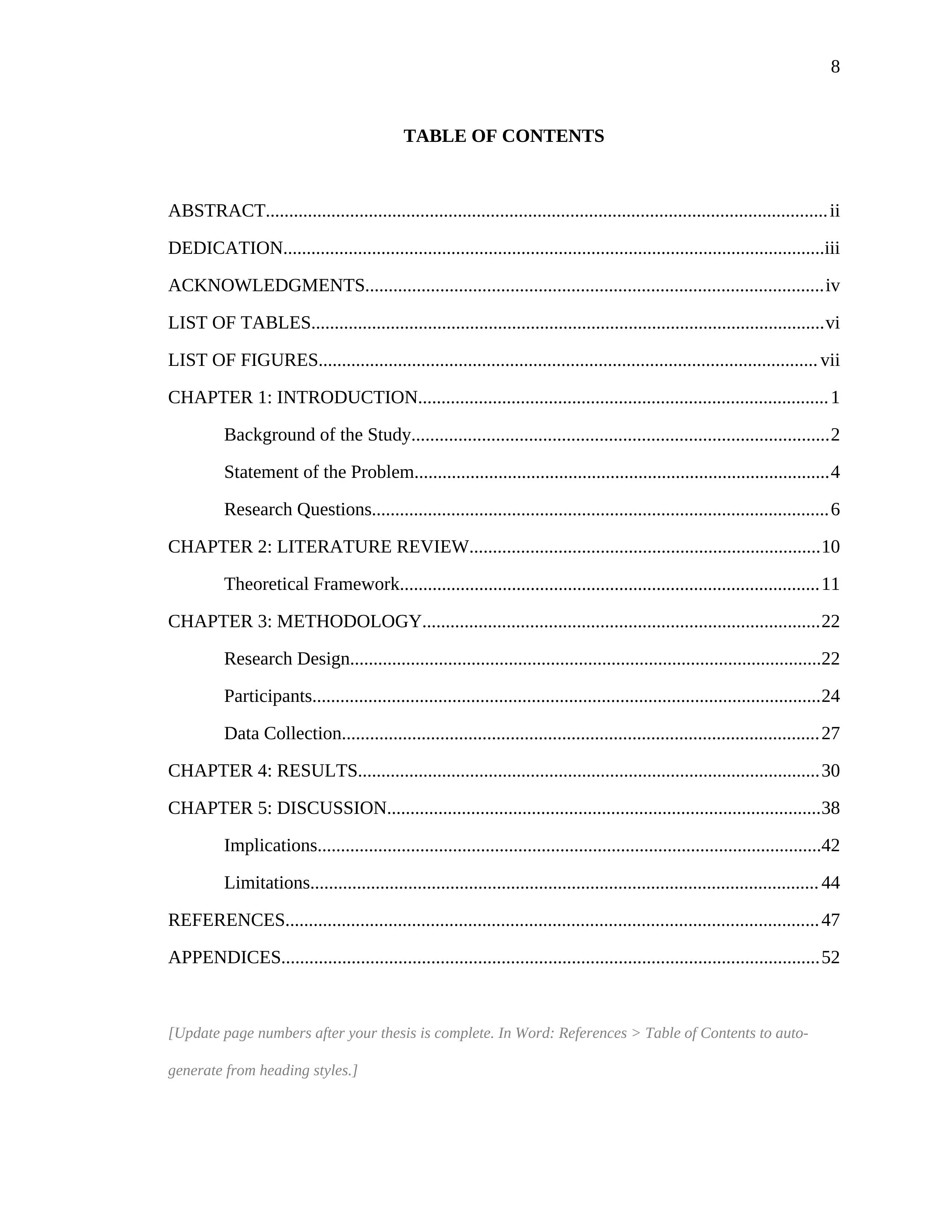 Thesis table of contents